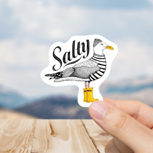 Durable, vinyl, die-cut, Salty Seagull Sticker.