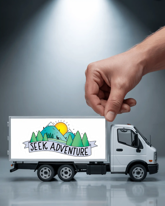 Durable, die-cut Seek Adventure Mountains Sticker