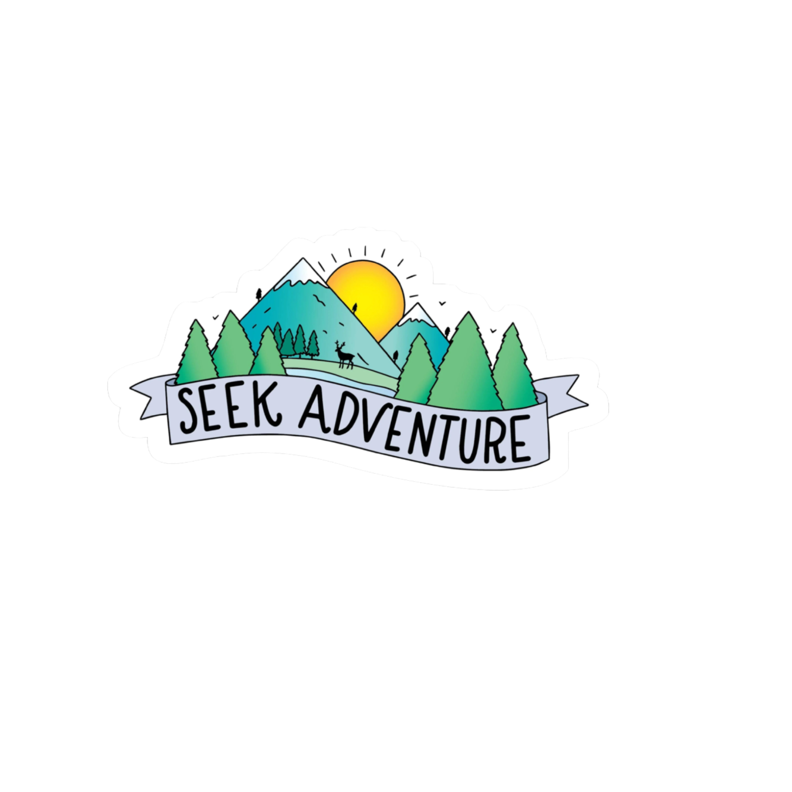 Durable, die-cut Seek Adventure Mountains Sticker