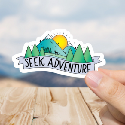Durable, die-cut, vinyl, Seek Adventure Sticker.