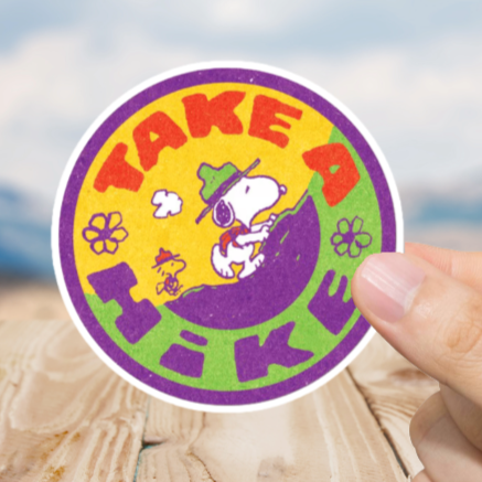 Durable, die-cut, vinyl, Snoopy Hike Sticker.