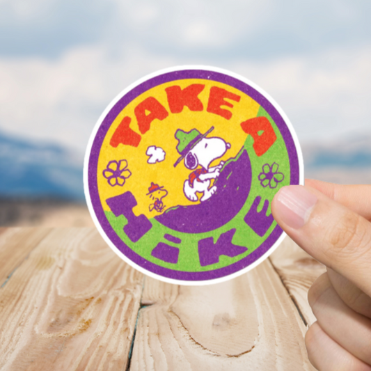 Durable, die-cut, vinyl, Snoopy Hike Sticker.