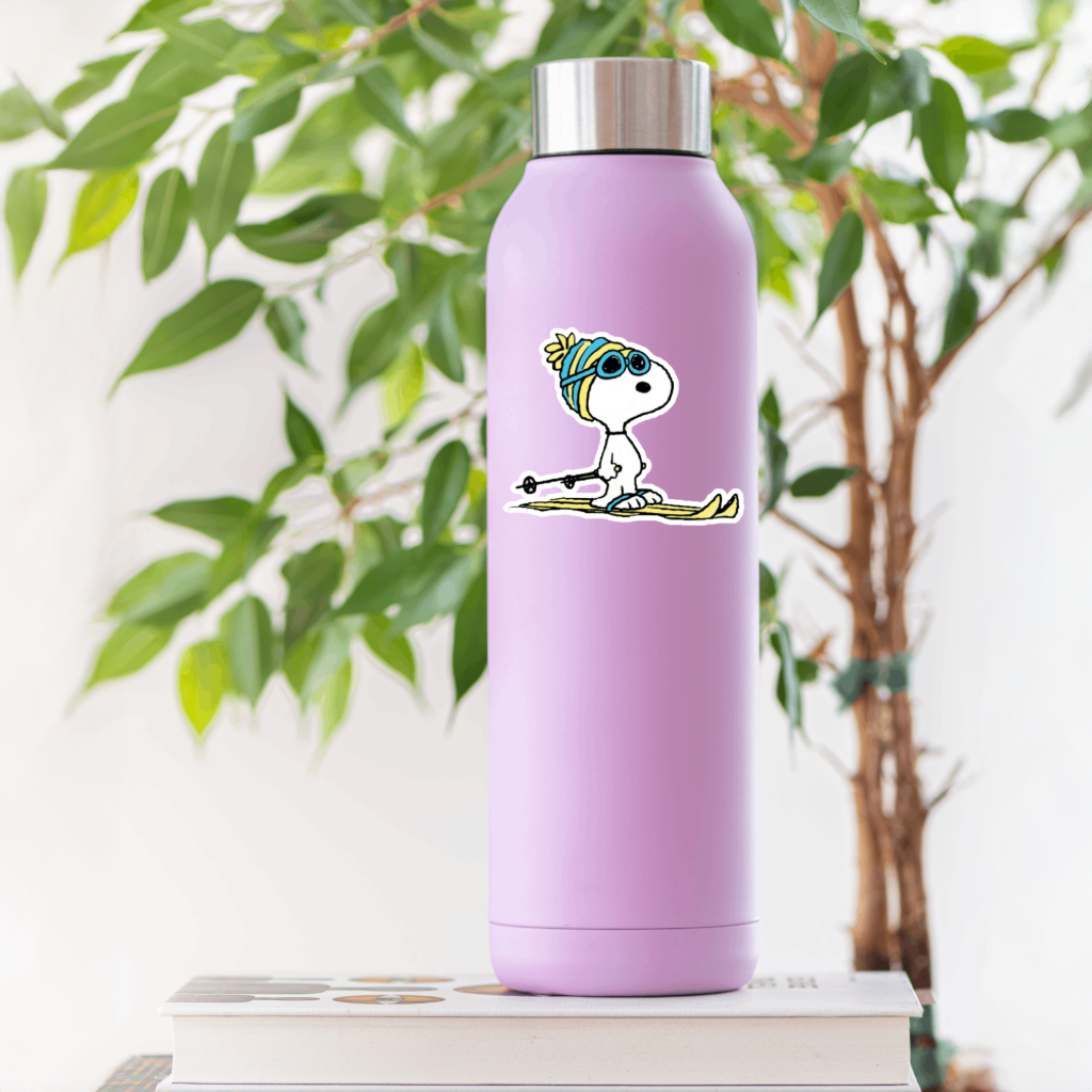 Durable, die-cut, vinyl, Snoopy Skis Sticker.