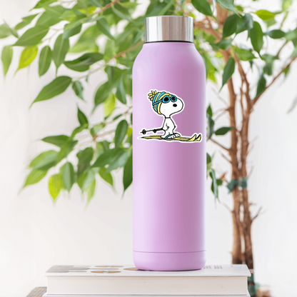 Durable, die-cut, vinyl, Snoopy Skis Sticker.