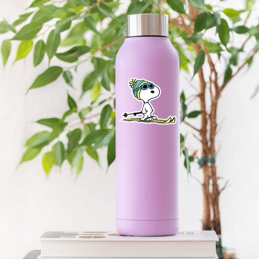 Durable, die-cut, vinyl, Snoopy Skis Sticker.