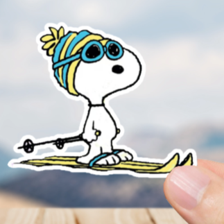 Durable, die-cut, vinyl, Snoopy Skis Sticker.