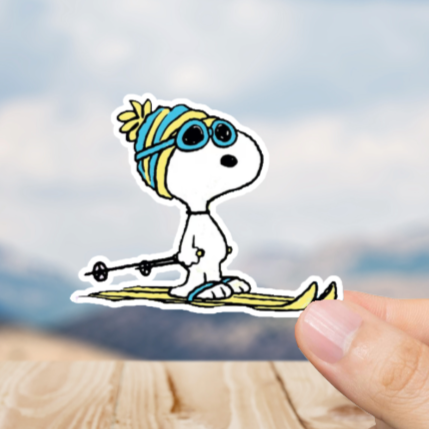 Durable, die-cut, vinyl, Snoopy Skis Sticker.