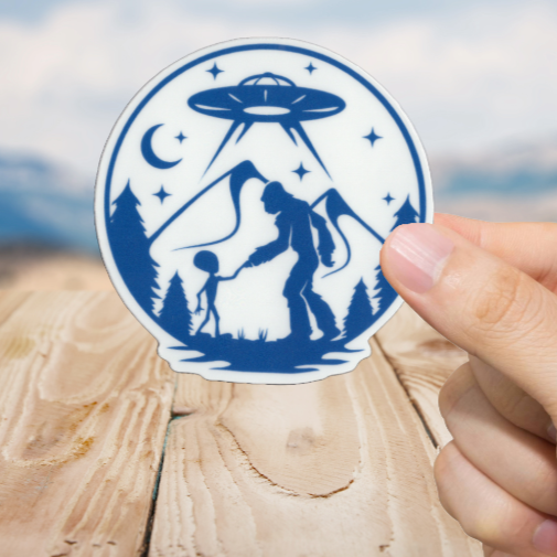 Durable, vinyl, die-cut, Squatch Alien UFO Sticker.