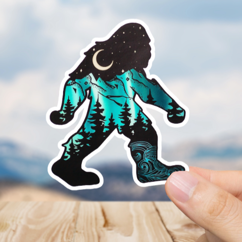 Durable, vinyl, die-cut, Squatch At Night Sticker.
