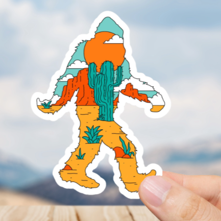 Durable, die-cut, vinyl, Squatch Desert Sticker.