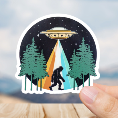 Durable, vinyl, die-cut, Squatch UFO Sticker.