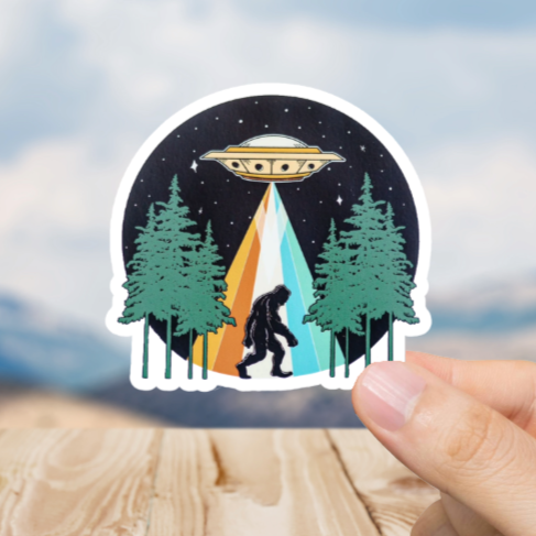 Durable, vinyl, die-cut, Squatch UFO Sticker.