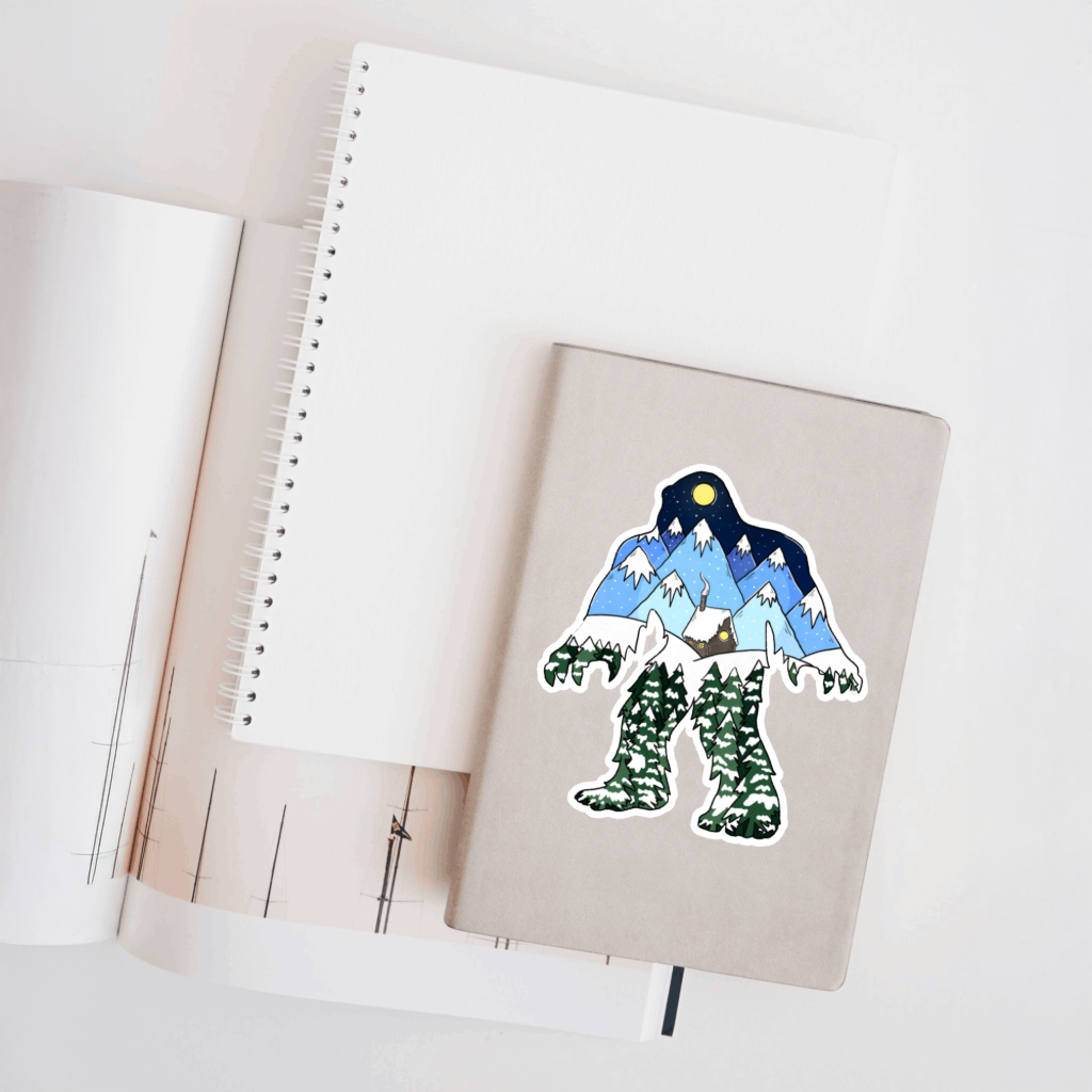 Durable, die-cut, vinyl, Squatch Winter Cabin Sticker.