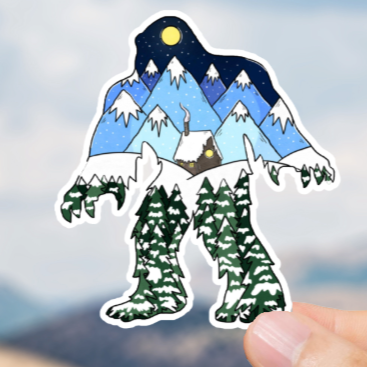 Durable, vinyl, Squatch Winter Cabin Sticker.