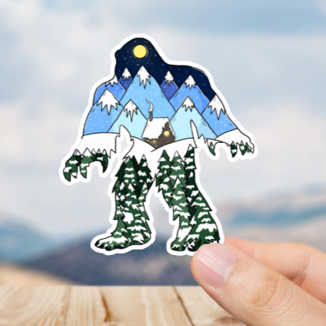 Durable, vinyl, Squatch Winter Cabin Sticker.