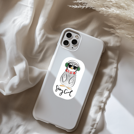 Durable, vinyl, die-cut, Stay Cool Penguin Sticker.