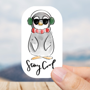 Durable, vinyl, die-cut, Stay Cool Penguin Sticker.