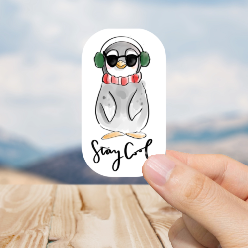 Durable, vinyl, die-cut, Stay Cool Penguin Sticker.