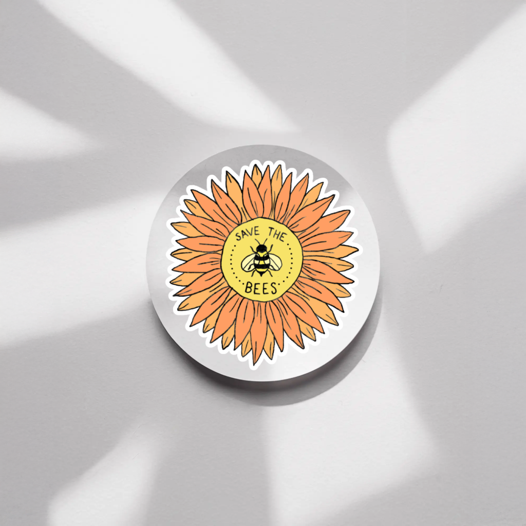 Durable, die-cut, vinyl, Sunflower Save the Bees Sticker.