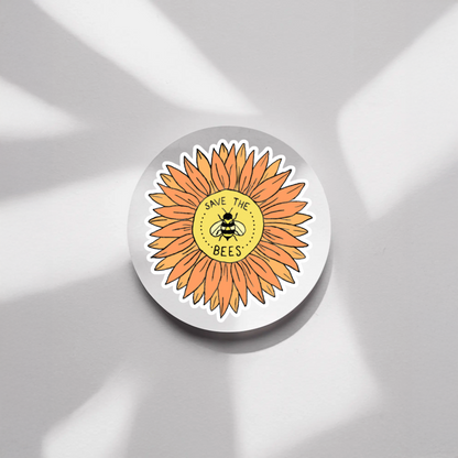 Durable, die-cut, vinyl, Sunflower Save the Bees Sticker.