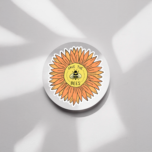 Durable, die-cut, vinyl, Sunflower Save the Bees Sticker.
