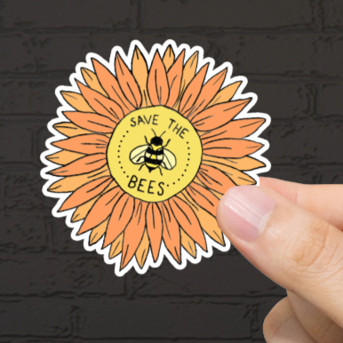 Durable, die-cut, vinyl, Sunflower Save the Bees Sticker.