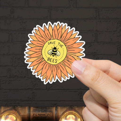 Durable, die-cut, vinyl, Sunflower Save the Bees Sticker.