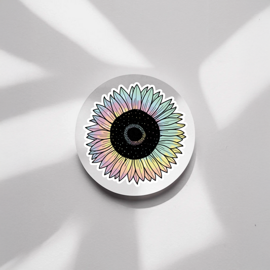 Durable, die-cut, vinyl, Sunflower Tie Dye Sticker.