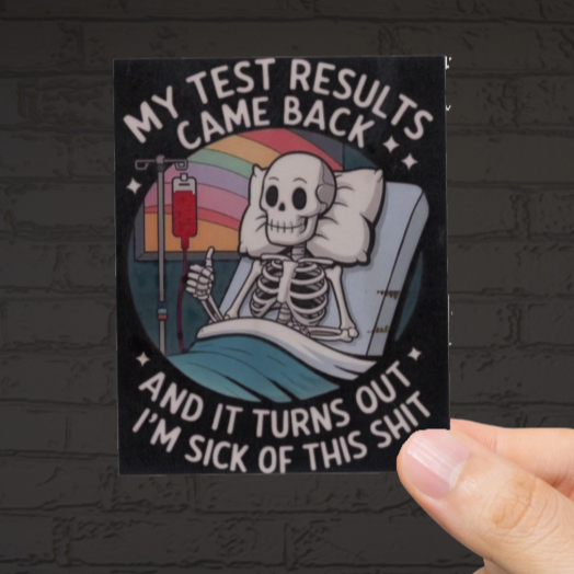 Durable, vinyl, die-cut, Test Results Sticker.