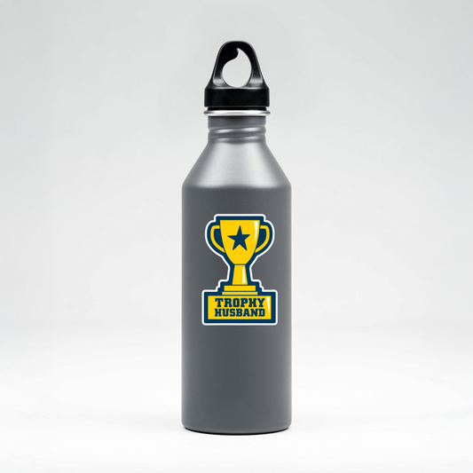 Durable, vinyl, die-cut, Trophy Husband Sticker.