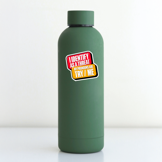Durable, vinyl, die-cut, Try Me Sticker.