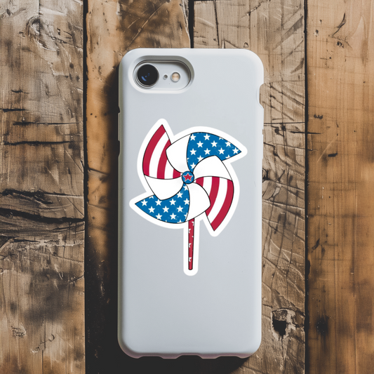 Durable, die-cut, vinyl, USA Pinwheel Sticker.