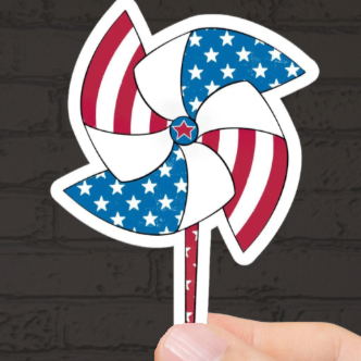Durable, die-cut, vinyl, USA Pinwheel Sticker.