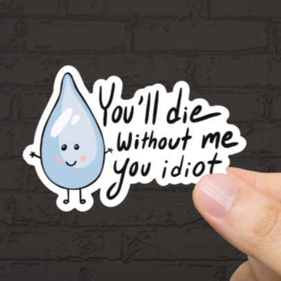 Durable, vinyl, die-cut, Water You Idiot Sticker.