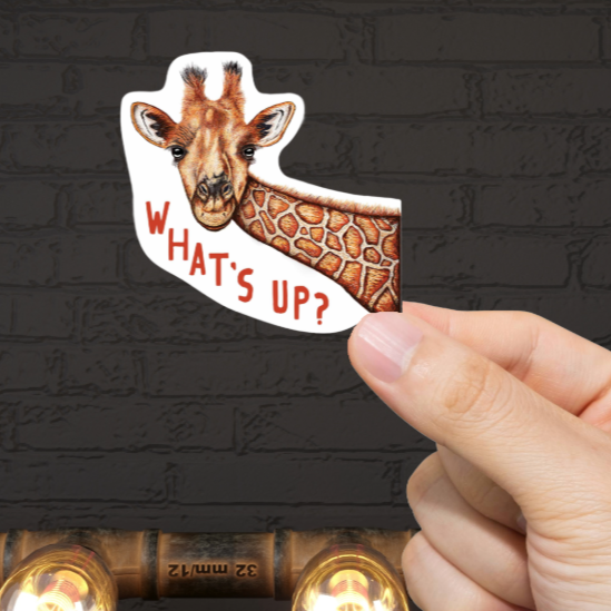 Durable, vinyl, What's Up Giraffe Sticker.