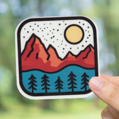 Durable, vinyl, die-cut, Moon, Mountains, River Sticker.