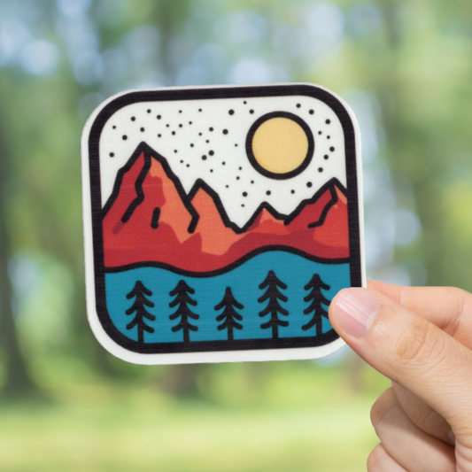 Durable, vinyl, die-cut, Moon, Mountains, River Sticker.