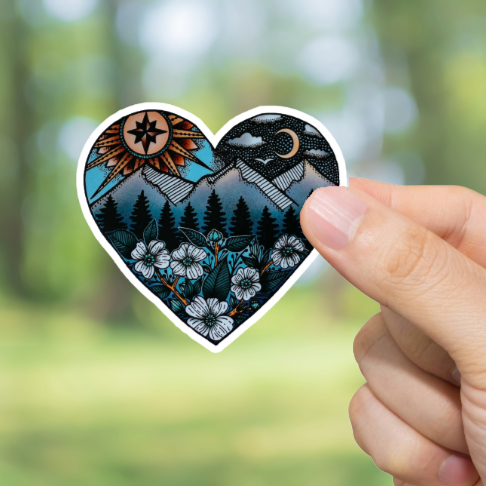 Durable, die-cut, vinyl, Wilderness Heart Sticker.