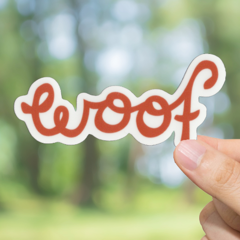 Durable, vinyl, die-cut, Woof Woof Sticker.